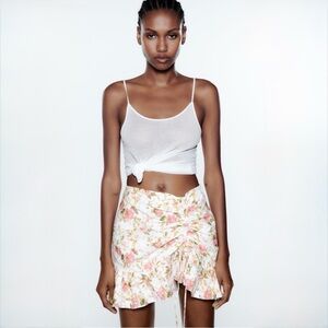 ZARA Floral Eyelet Mini Skirt Ruched Front Ruffle Hem Cottagecore Size XS